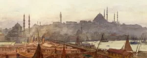 A View of Galata Bridge, Yemi Cami, Beyazit Tower and Suleymaniye Mosque, Constantinople painting by Tristram Ellis