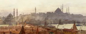 A View of Galata Bridge, Yemi Cami, Beyazit Tower and Suleymaniye Mosque, Constantinople Oil painting by Tristram Ellis