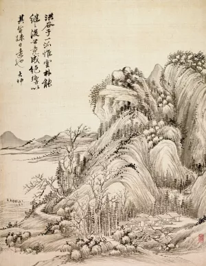 Dwellings beneath Folded Hills by Tsubaki Chinzan Oil Painting