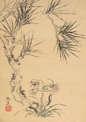 Pine Tree and Fungus by Tsubaki Chinzan Oil Painting