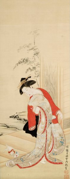 Beautiful woman playing with cat by Tsukioka Masanobu Settei Oil Painting