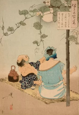 A Couple Enjoying the Flowering Evening Face Arbor Oil painting by Tsukioka Yoshitoshi