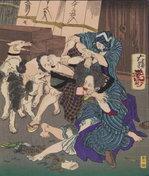 Amateur Prostitutes Fighting over a Client by Tsukioka Yoshitoshi Oil Painting