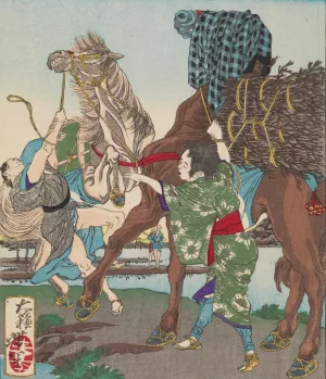 Child Calms a Horse by Covering His Head with Her Jacket by Tsukioka Yoshitoshi Oil Painting