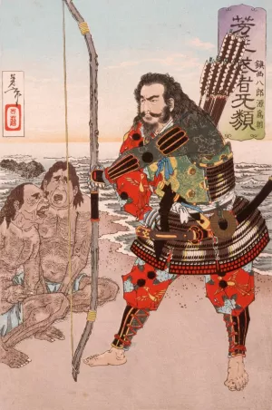 Chinzei Hachiro Tametomo with Two Islanders on the Beach at Ashijima by Tsukioka Yoshitoshi Oil Painting