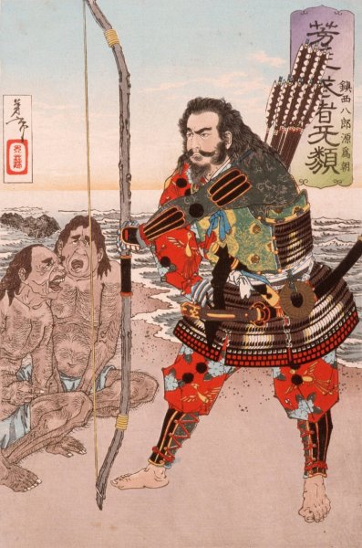 Chinzei Hachiro Tametomo with Two Islanders on the Beach at Ashijima  by Tsukioka Yoshitoshi - Hand-Painted Oil Painting Reproduction