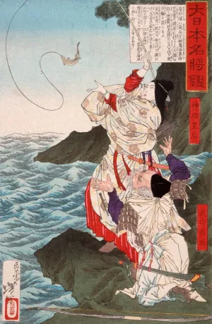 Empress Jingu and Takeuchi no Sukune Fishing at Chikuzen by Tsukioka Yoshitoshi Oil Painting