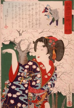 Geisha by Cherry Trees at 3:00 p.m by Tsukioka Yoshitoshi Oil Painting