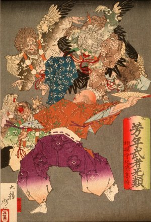 Hojo Takatoki, Lord of Sagami, Warding Off Tengu with His Fan by Tsukioka Yoshitoshi Oil Painting