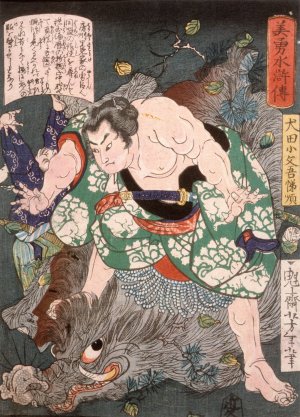 Inuta Kobungo Yasuyori Killing a Boar Oil painting by Tsukioka Yoshitoshi