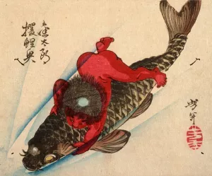 Kintaro Captures the Carp by Tsukioka Yoshitoshi Oil Painting