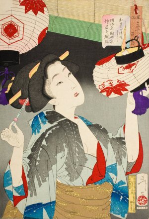 Looking Observant; The Appearance of a Kyoto Waitress of the Meiji Era Oil painting by Tsukioka Yoshitoshi