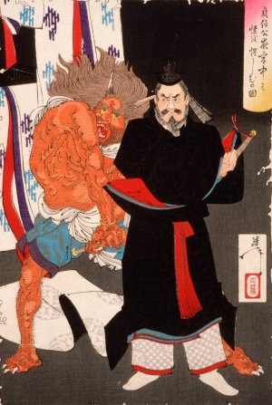 Lord Sadanobu Threatens a Demon in the Palace at Night by Tsukioka Yoshitoshi Oil Painting