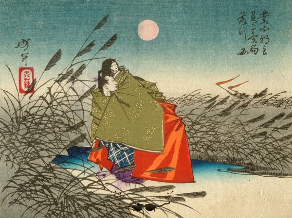 Narihira and Nijo no Tsubone at the Fuji River  by Tsukioka Yoshitoshi - Hand-Painted Oil Painting Reproduction