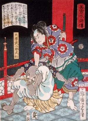 Ohara Takejiro Takematsu Subduing a Bald Demon by Tsukioka Yoshitoshi Oil Painting