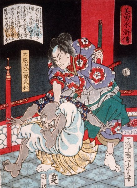Ohara Takejiro Takematsu Subduing a Bald Demon  by Tsukioka Yoshitoshi - Hand-Painted Oil Painting Reproduction