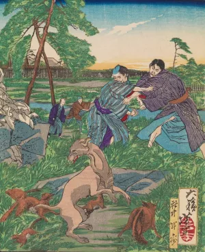 Raccoon Dog Protects Its Cubs from Attack by a Dog by Tsukioka Yoshitoshi Oil Painting