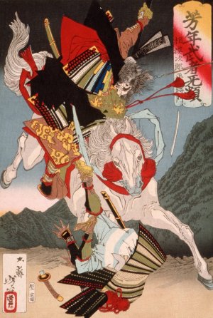 Sagami Jiro and Taira no Masakado Attacking an Opponent on Horseback by Tsukioka Yoshitoshi Oil Painting