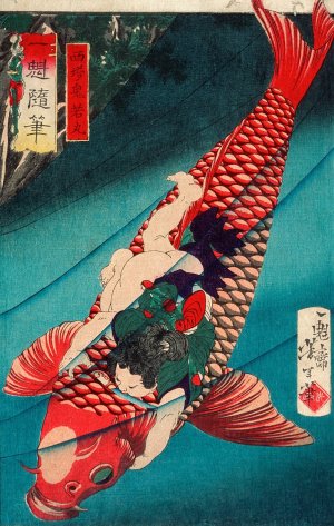 SaitO Oniwakamaru on a Carp by Tsukioka Yoshitoshi Oil Painting