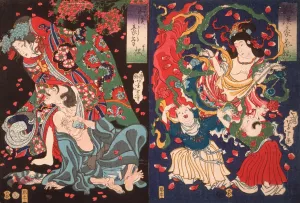 Seigen and Sakurahime; Angel with Two Children by Tsukioka Yoshitoshi Oil Painting