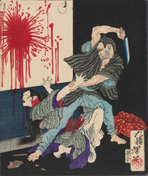 Tajima Seitaro Murders His Wife When She Refuses to Return to Him Oil painting by Tsukioka Yoshitoshi