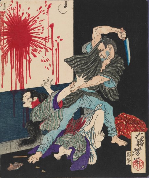 Tajima Seitaro Murders His Wife When She Refuses to Return to Him  by Tsukioka Yoshitoshi - Hand-Painted Oil Painting Reproduction