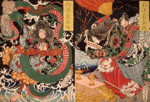 Tawaraya Toda and a Dragon; Ono no Komachi Praying for Rain by Tsukioka Yoshitoshi Oil Painting