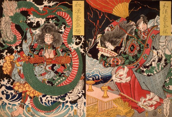 Tawaraya Toda and a Dragon; Ono no Komachi Praying for Rain  by Tsukioka Yoshitoshi - Hand-Painted Oil Painting Reproduction