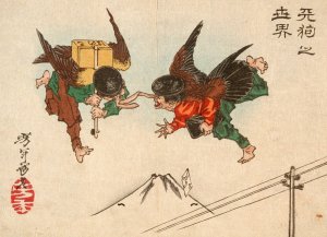 Tengu Messengers Colliding in Midair by Tsukioka Yoshitoshi Oil Painting