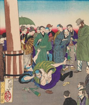 The Carpenter Hanshichi of Fukagawa Seizes His Daughter's Attacker Oil painting by Tsukioka Yoshitoshi