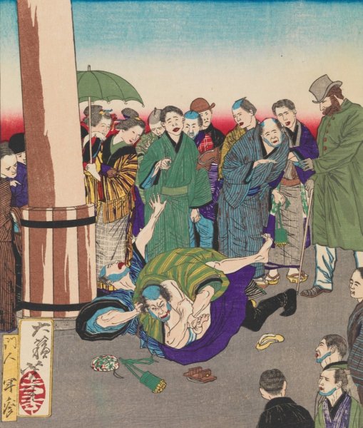 The Carpenter Hanshichi of Fukagawa Seizes His Daughter's Attacker  by Tsukioka Yoshitoshi - Hand-Painted Oil Painting Reproduction