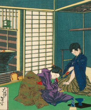 The Geisha Umekichi Imploring Nakajima Seibi to Part from Her and Return to His Studies by Tsukioka Yoshitoshi Oil Painting