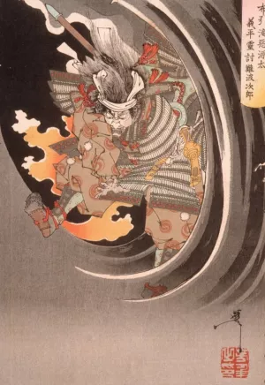 The Ghost of Akugenta Yoshihira Attacking His Executioner Namba Jiro at Nunobiki Waterfall by Tsukioka Yoshitoshi Oil Painting