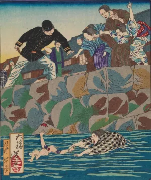 The Girl Saku Rescuing a Baby from the River by Tsukioka Yoshitoshi Oil Painting