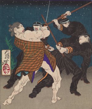 The Powerful Thief Kobayashi Masashichi Fighting Policemen by Tsukioka Yoshitoshi Oil Painting