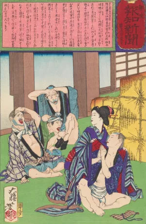 The Prostitute Osai of Shiogama Rescuing a Tokyo Merchant from Gamblers by Tsukioka Yoshitoshi Oil Painting