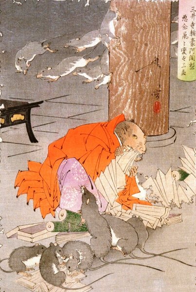 The Wicked Thoughts of the Priest RaigO of Miidera Transform Him into a Rat  by Tsukioka Yoshitoshi - Hand-Painted Oil Painting Reproduction