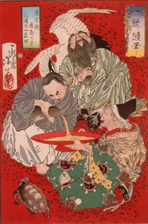 Tobosaku, Miura Yoshiaki the Tax Collector, and Urashima Taro Drinking Wine Oil painting by Tsukioka Yoshitoshi