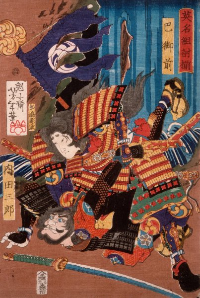 Tomoe Gozen, Wife of Kiso Yoshinaka, Defeating Uchida Saburo  by Tsukioka Yoshitoshi - Hand-Painted Oil Painting Reproduction