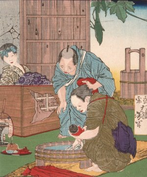 Triplets Born to a Farmer and His Wife by Tsukioka Yoshitoshi Oil Painting