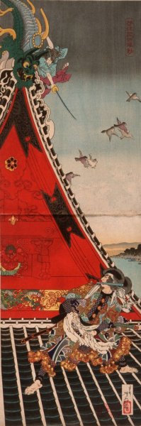 Two Heroes Fighting atop Horyukaku by Tsukioka Yoshitoshi Oil Painting