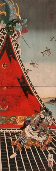 Two Heroes Fighting atop Horyukaku Oil painting by Tsukioka Yoshitoshi