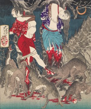 Two Women of Nojiri Who were Robbed, Tied to Trees, and Eaten by Wolves by Tsukioka Yoshitoshi Oil Painting