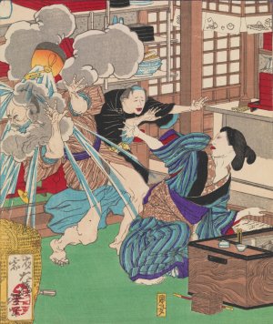 Wife of Sangoro Scalds Her Husband's Face with Boiling Water by Tsukioka Yoshitoshi Oil Painting