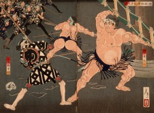 Yotsuguruma Daihachi and Kotengu Heisuke Duel during the Battle of the Wrestlers and the Firemen at Shinmei Shrine by Tsukioka Yoshitoshi Oil Painting
