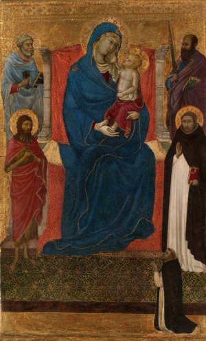 Virgin and Child Enthroned with Saints Peter, Paul, John the Baptist, and Dominic and a Dominican Supplicant by Ugolino Di Nerio Oil Painting