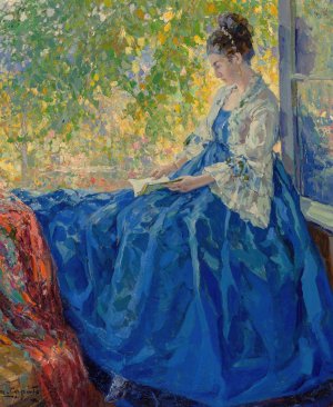 Young woman reading at an open window by Ulisse Caputo Oil Painting