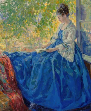 Young woman reading at an open window by Ulisse Caputo Oil Painting