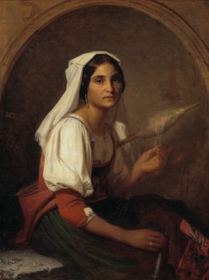 An Italian Woman Spinning Flax by Uno Troili Oil Painting