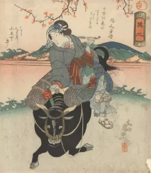 Woman Riding on the Back of a Bull by Utagawa Kunimaro Oil Painting
